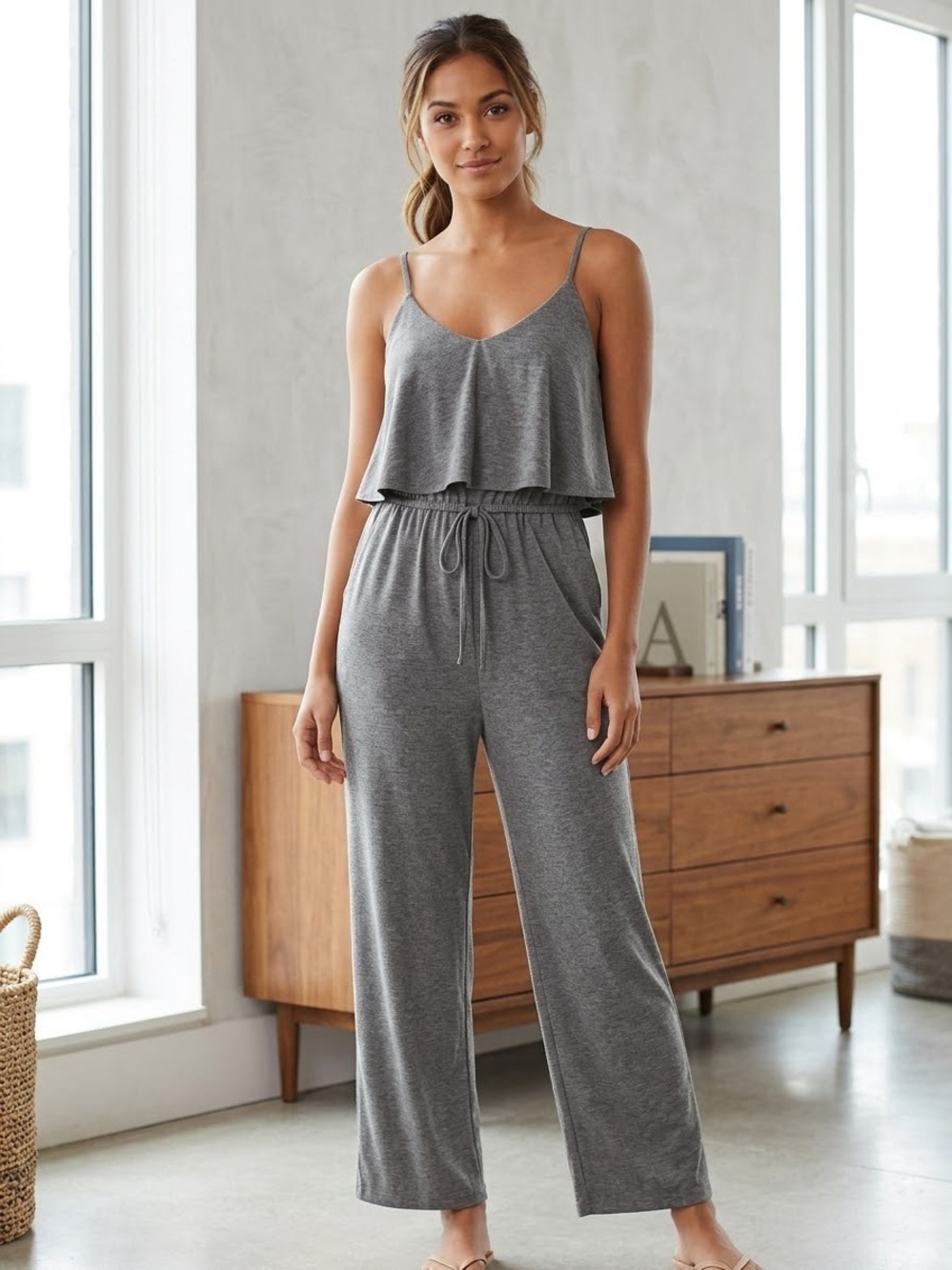 Hem & Thread Gray Maxi Jumpsuit with Tie Waist